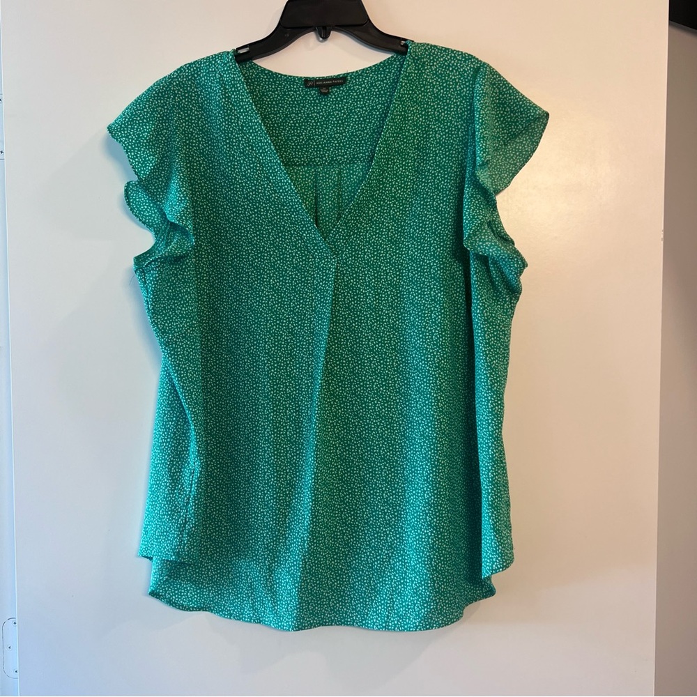 Adrianna Papell Teal V-Neck Blouse with Ruffle Sleeves